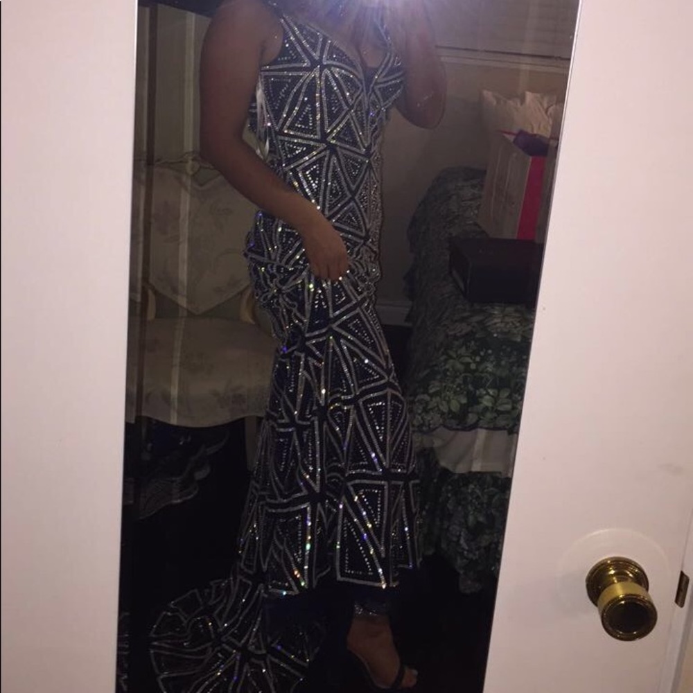 Navy Blue w/ Rhinestones Prom Dress